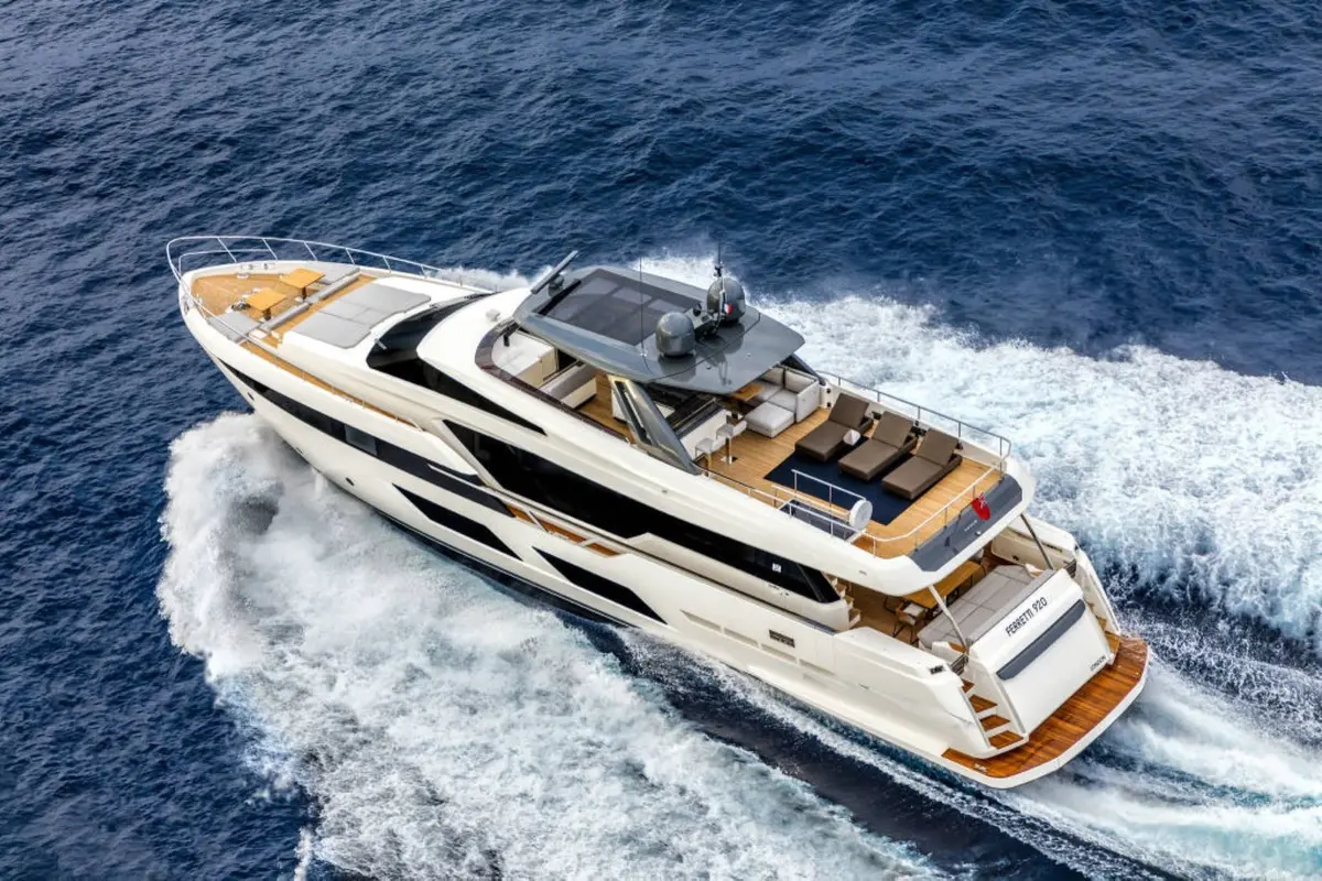 Ferretti 920, master cabin — Luxury Yachts St. Tropez, Saint-Tropez. Gulf anchorage mornings, Pampelonne tender runs by afternoon