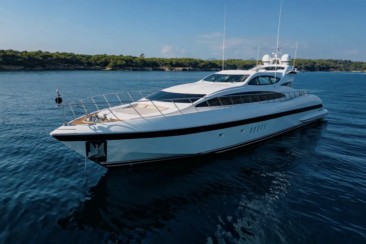 Mangusta 105, cabine principale — Luxury Yachts St. Tropez, Saint-Tropez. Coque rapide vers Pampelonne, retour au coucher du soleil