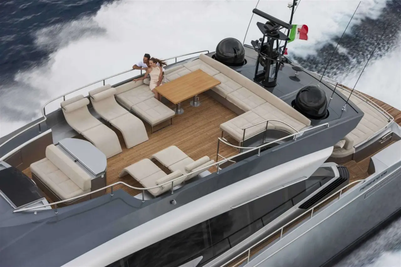 Pershing 108, aft deck — Luxury Yachts St. Tropez, Saint-Tropez. Fast Gulf crossings to Pampelonne before the beach clubs fill