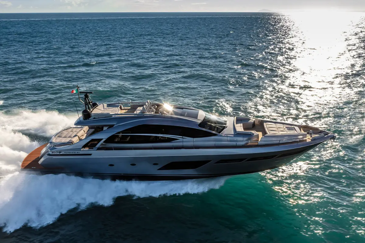 Pershing 8X, exterior — Luxury Yachts St. Tropez, Saint-Tropez. A sleek profile made for fast sunset runs