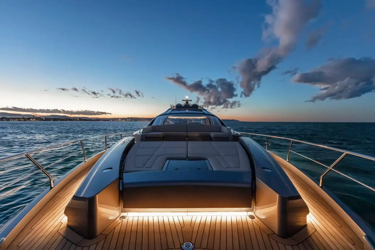 Pershing 8X, camarote principal — Luxury Yachts St. Tropez, Saint-Tropez. Velocidad deportiva rumbo a Cap Taillat al atardecer