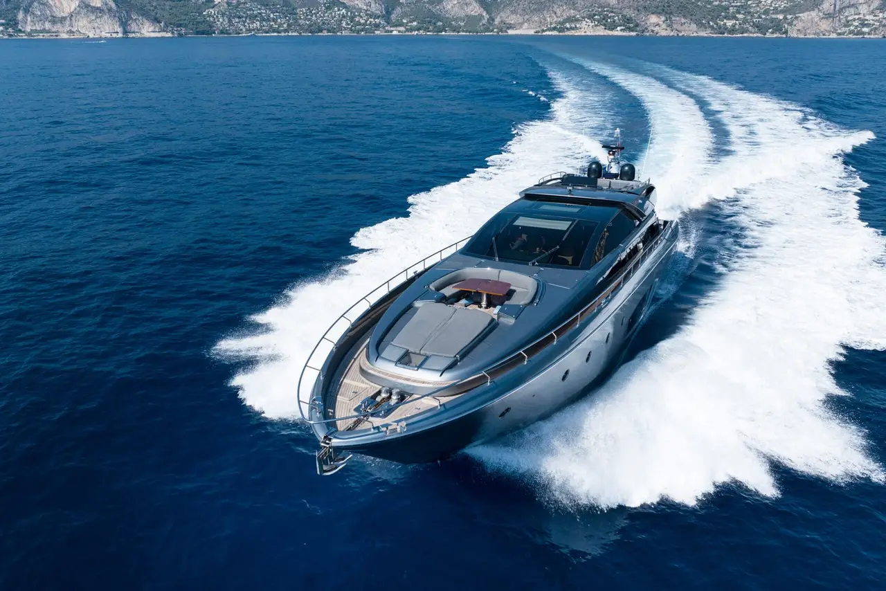 Riva 86 Domino, main deck — Luxury Yachts St. Tropez, Saint-Tropez. Sleek Italian hull for fast Pampelonne beach runs